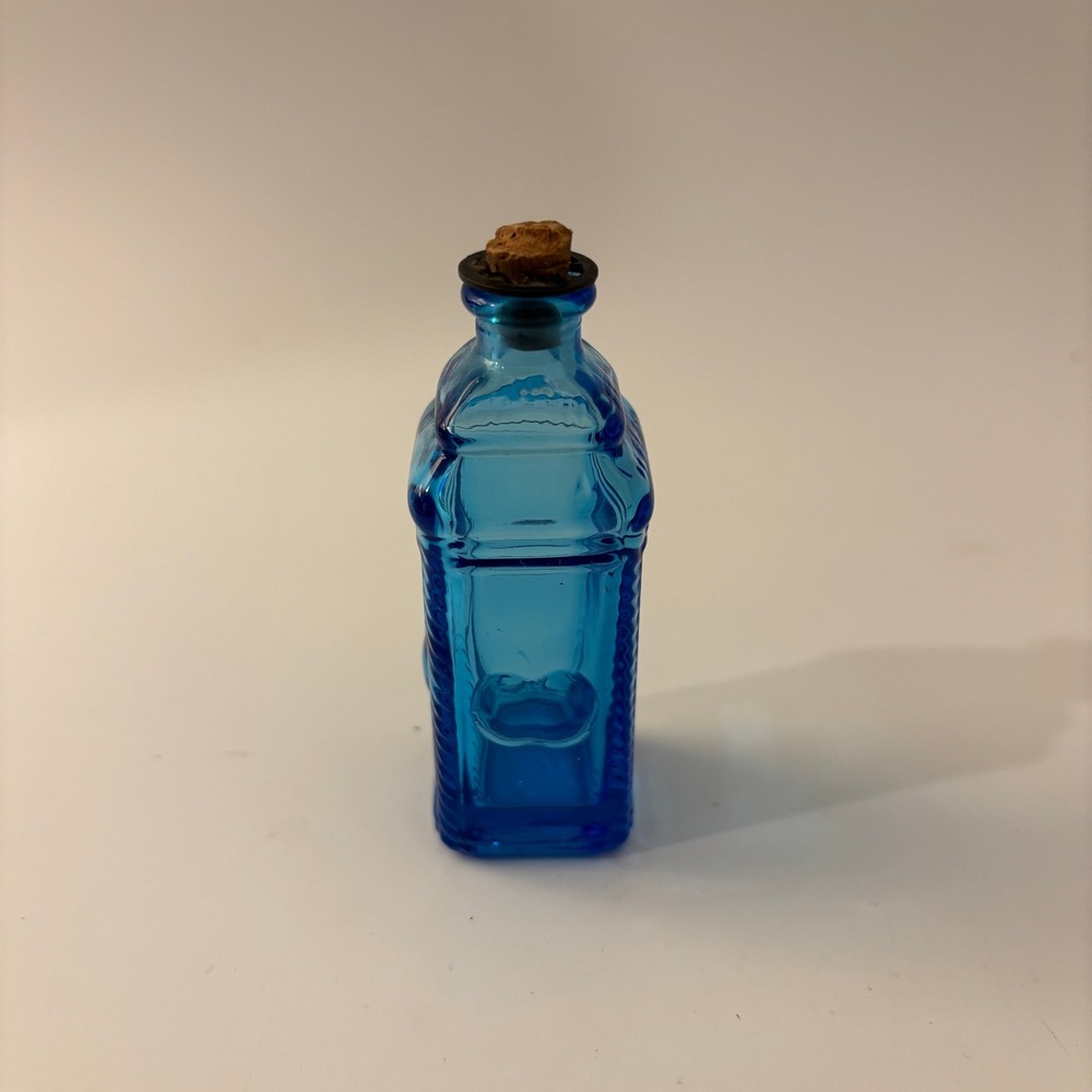 VTG Blue Pressed Glass Miniature Cathedral Bottle with Cork Stopper Dollhouse
